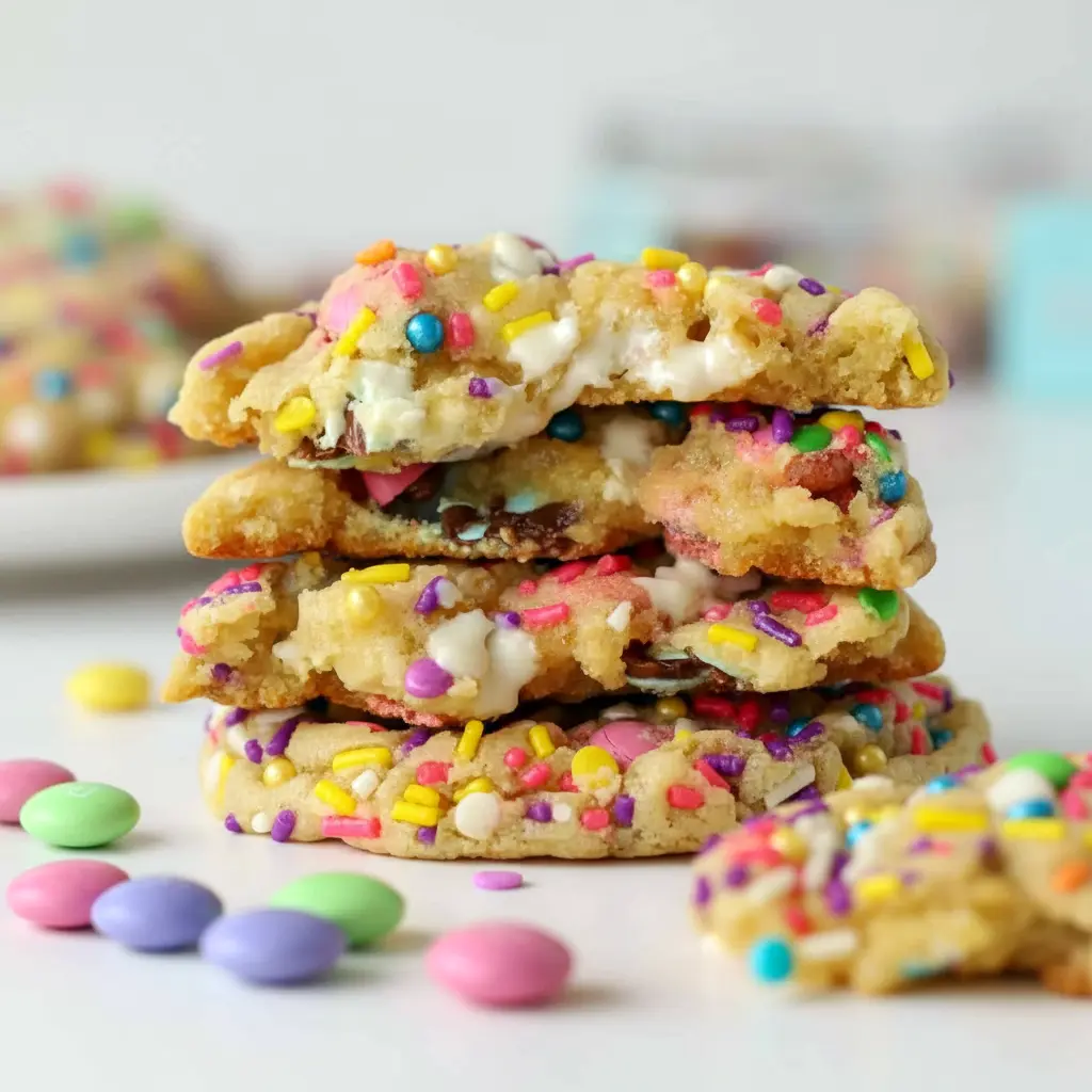 Close-up of Easter Cookies — pastel M&M-studded, white-chocolate pockets and sprinkle-topped rounds, a cheerful Easter Bakery Desserts option for spring parties and gift boxes.