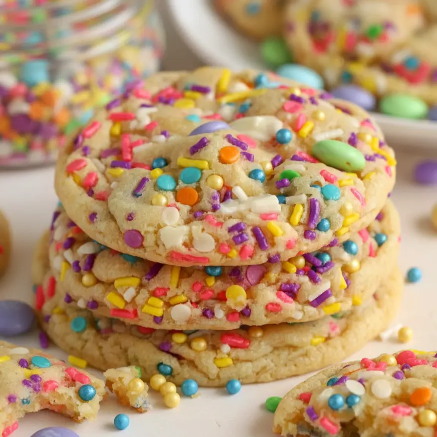 Close-up of Easter Cookies — pastel M&M-studded, white-chocolate pockets and sprinkle-topped rounds, a cheerful Easter Bakery Desserts option for spring parties and gift boxes.