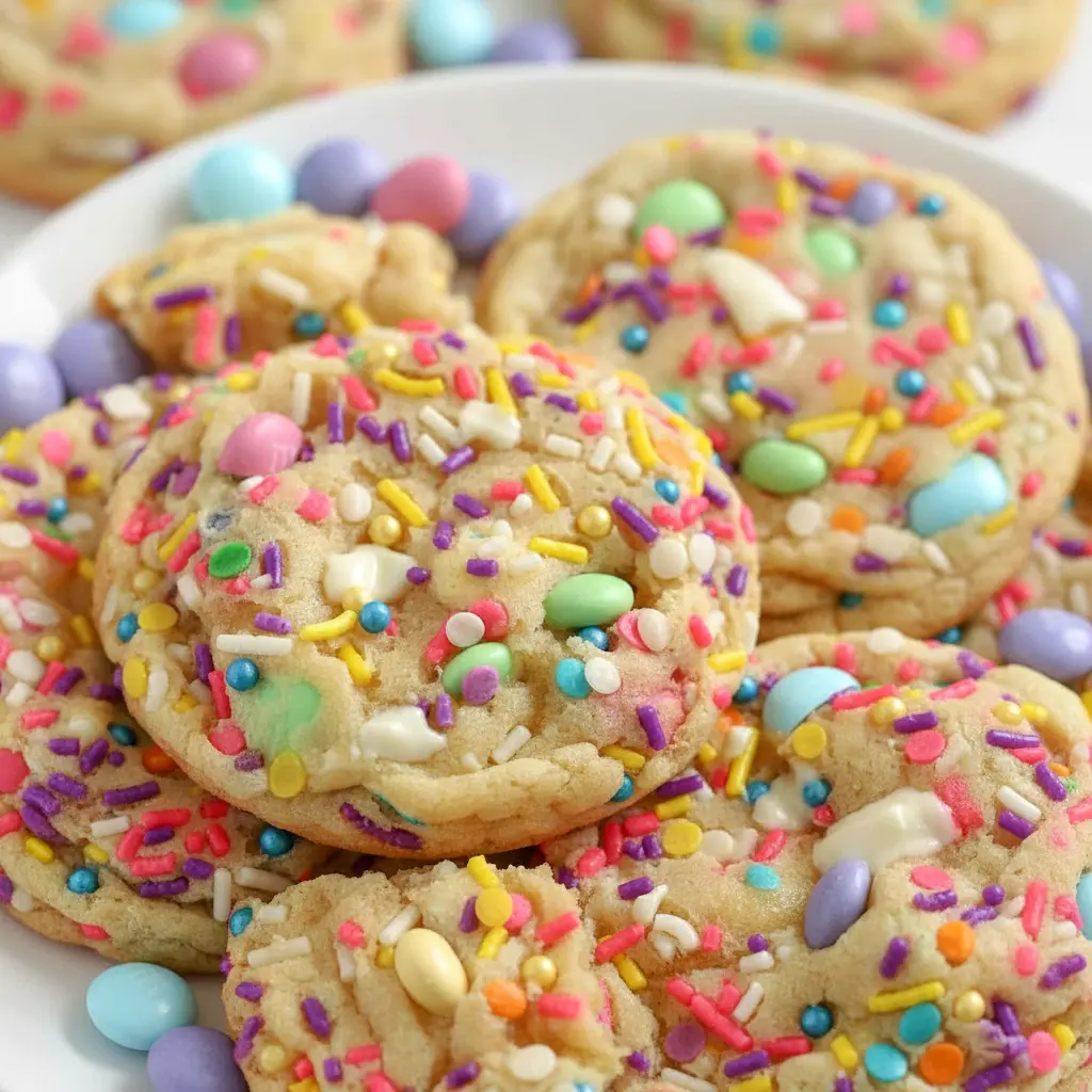 Close-up of Easter Cookies — pastel M&M-studded, white-chocolate pockets and sprinkle-topped rounds, a cheerful Easter Bakery Desserts option for spring parties and gift boxes.