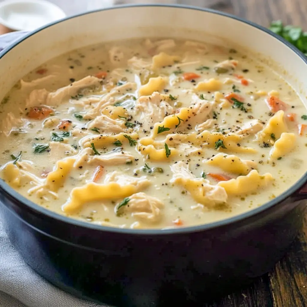 Bowl of White Chicken Lasagna Soup with shredded chicken, lasagna noodles, creamy broth, melted cheese, and fresh basil for a cozy Dinner Time meal.