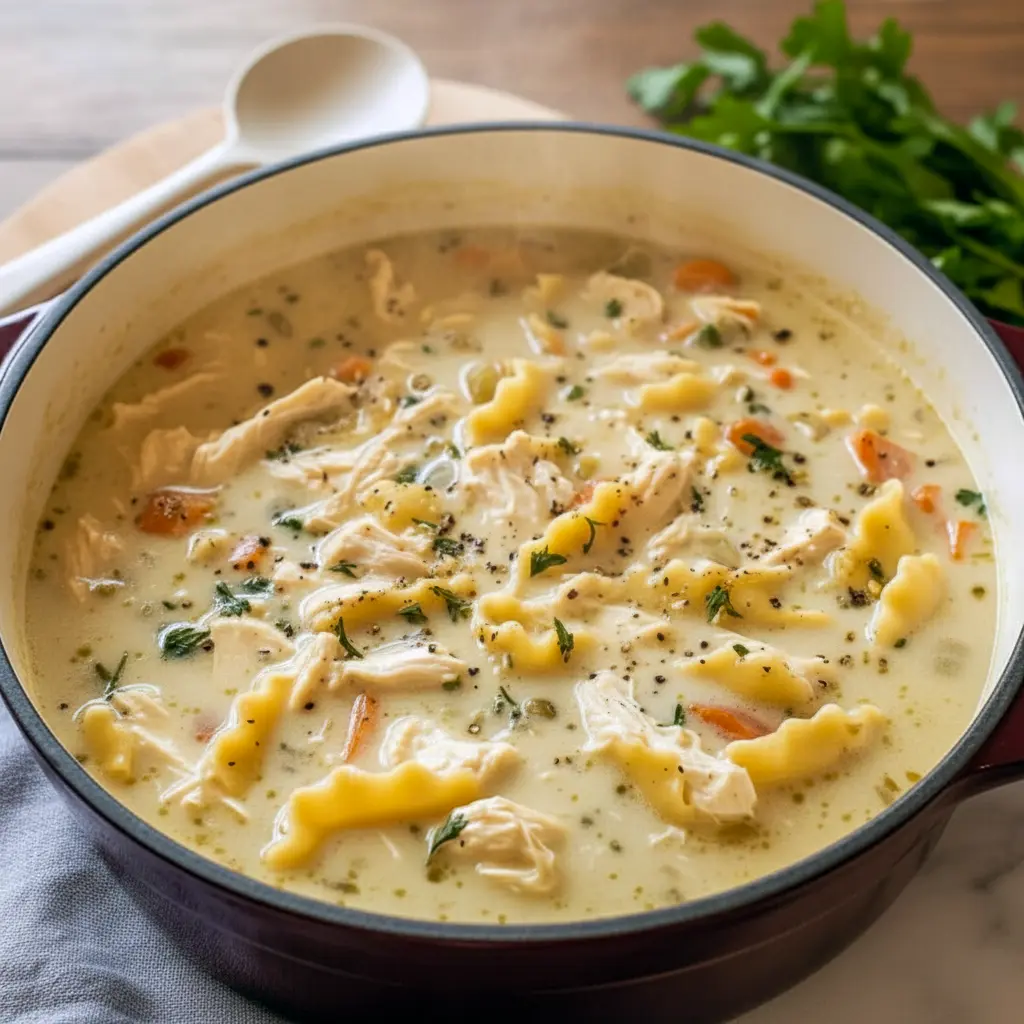 Bowl of White Chicken Lasagna Soup with shredded chicken, lasagna noodles, creamy broth, melted cheese, and fresh basil for a cozy Dinner Time meal.