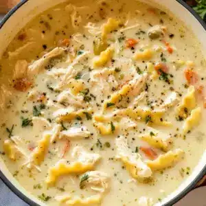 Bowl of White Chicken Lasagna Soup with shredded chicken, lasagna noodles, creamy broth, melted cheese, and fresh basil for a cozy Dinner Time meal.