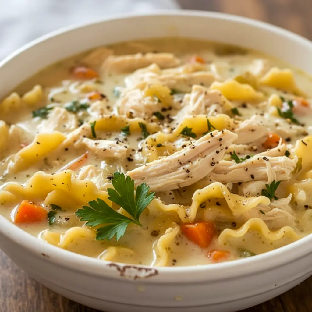 Bowl of White Chicken Lasagna Soup with shredded chicken, lasagna noodles, creamy broth, melted cheese, and fresh basil for a cozy Dinner Time meal.