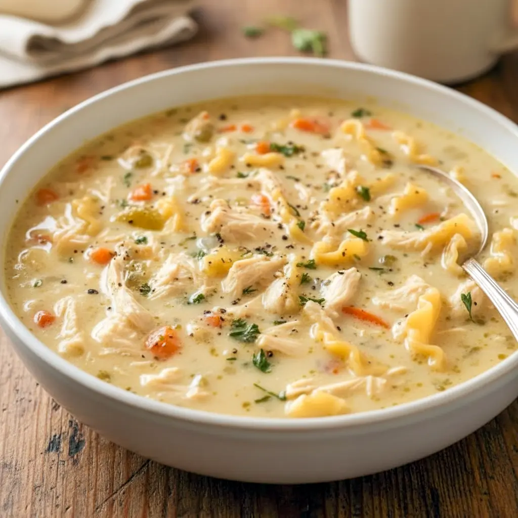 Bowl of White Chicken Lasagna Soup with shredded chicken, lasagna noodles, creamy broth, melted cheese, and fresh basil for a cozy Dinner Time meal.