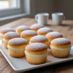 Close-up of two powdered-sugar-dusted Japanese Cotton Cheesecake Cupcakes stacked on a plate, showing a cloudlike interior and delicate golden tops — a gorgeous example of Simple Pastry Desserts.