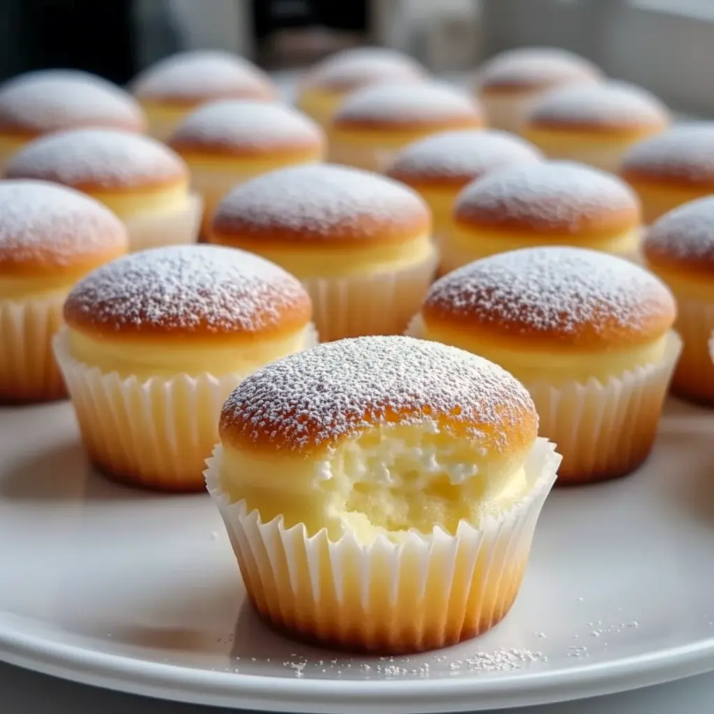 Close-up of two powdered-sugar-dusted Japanese Cotton Cheesecake Cupcakes stacked on a plate, showing a cloudlike interior and delicate golden tops — a gorgeous example of Simple Pastry Desserts.