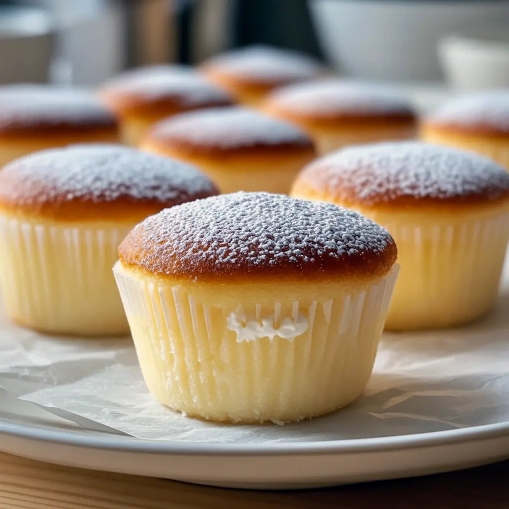Close-up of two powdered-sugar-dusted Japanese Cotton Cheesecake Cupcakes stacked on a plate, showing a cloudlike interior and delicate golden tops — a gorgeous example of Simple Pastry Desserts.