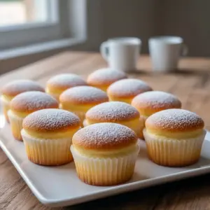 Close-up of two powdered-sugar-dusted Japanese Cotton Cheesecake Cupcakes stacked on a plate, showing a cloudlike interior and delicate golden tops — a gorgeous example of Simple Pastry Desserts.