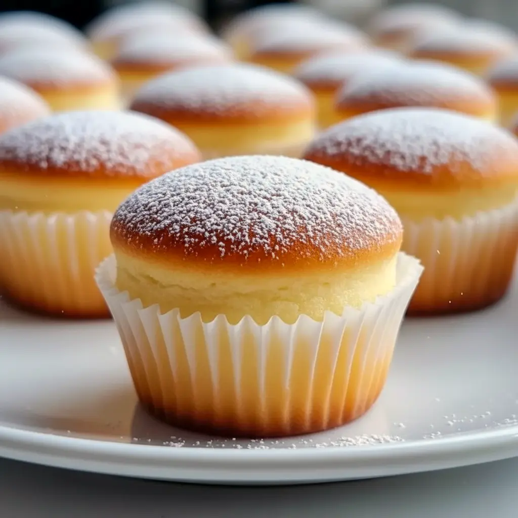 Close-up of two powdered-sugar-dusted Japanese Cotton Cheesecake Cupcakes stacked on a plate, showing a cloudlike interior and delicate golden tops — a gorgeous example of Simple Pastry Desserts.