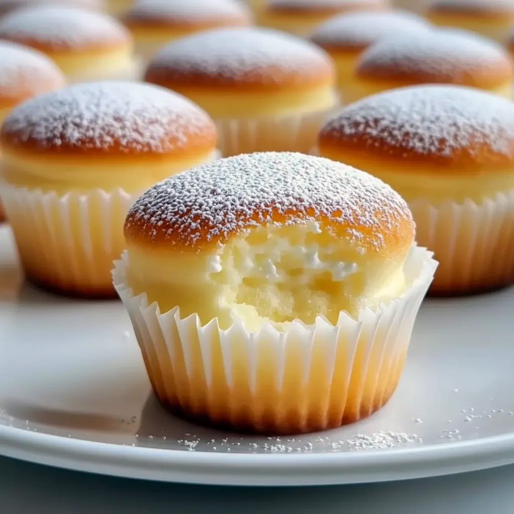 Close-up of two powdered-sugar-dusted Japanese Cotton Cheesecake Cupcakes stacked on a plate, showing a cloudlike interior and delicate golden tops — a gorgeous example of Simple Pastry Desserts.