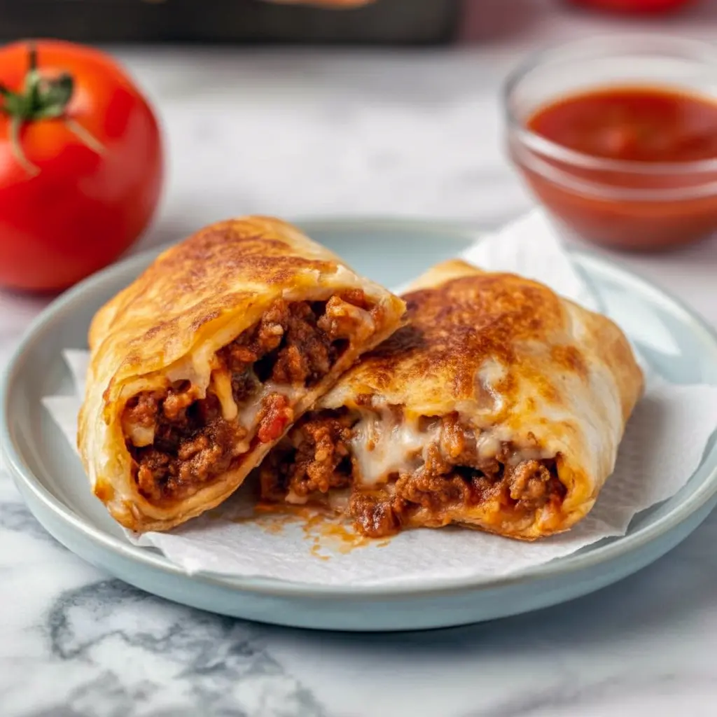 Tray of golden Pepperoni Pizza Rolls with a crispy outside and cheesy beef filling, served as a quick high-protein snack.