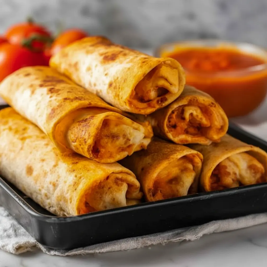 Tray of golden Pepperoni Pizza Rolls with a crispy outside and cheesy beef filling, served as a quick high-protein snack.