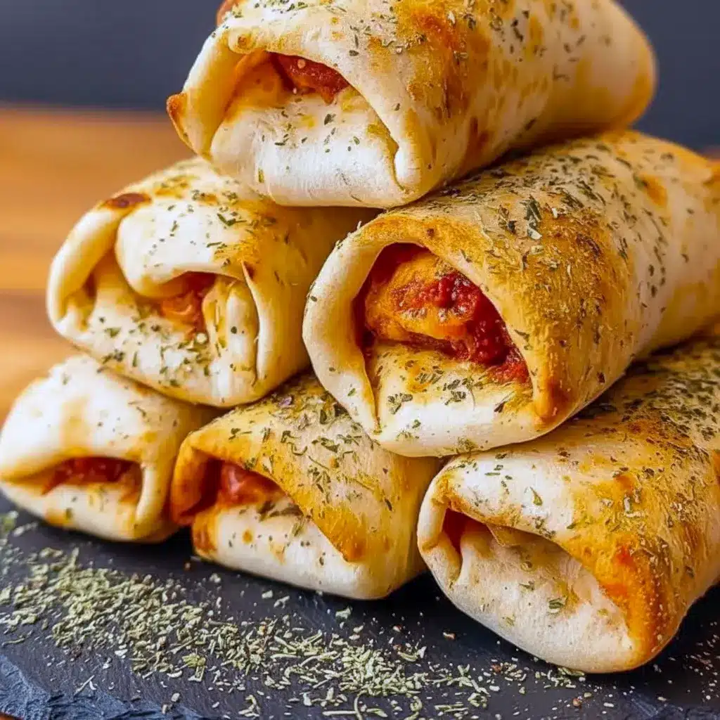 Tray of golden Pepperoni Pizza Rolls with a crispy outside and cheesy beef filling, served as a quick high-protein snack.
