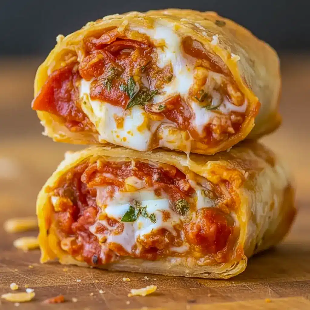 Tray of golden Pepperoni Pizza Rolls with a crispy outside and cheesy beef filling, served as a quick high-protein snack.