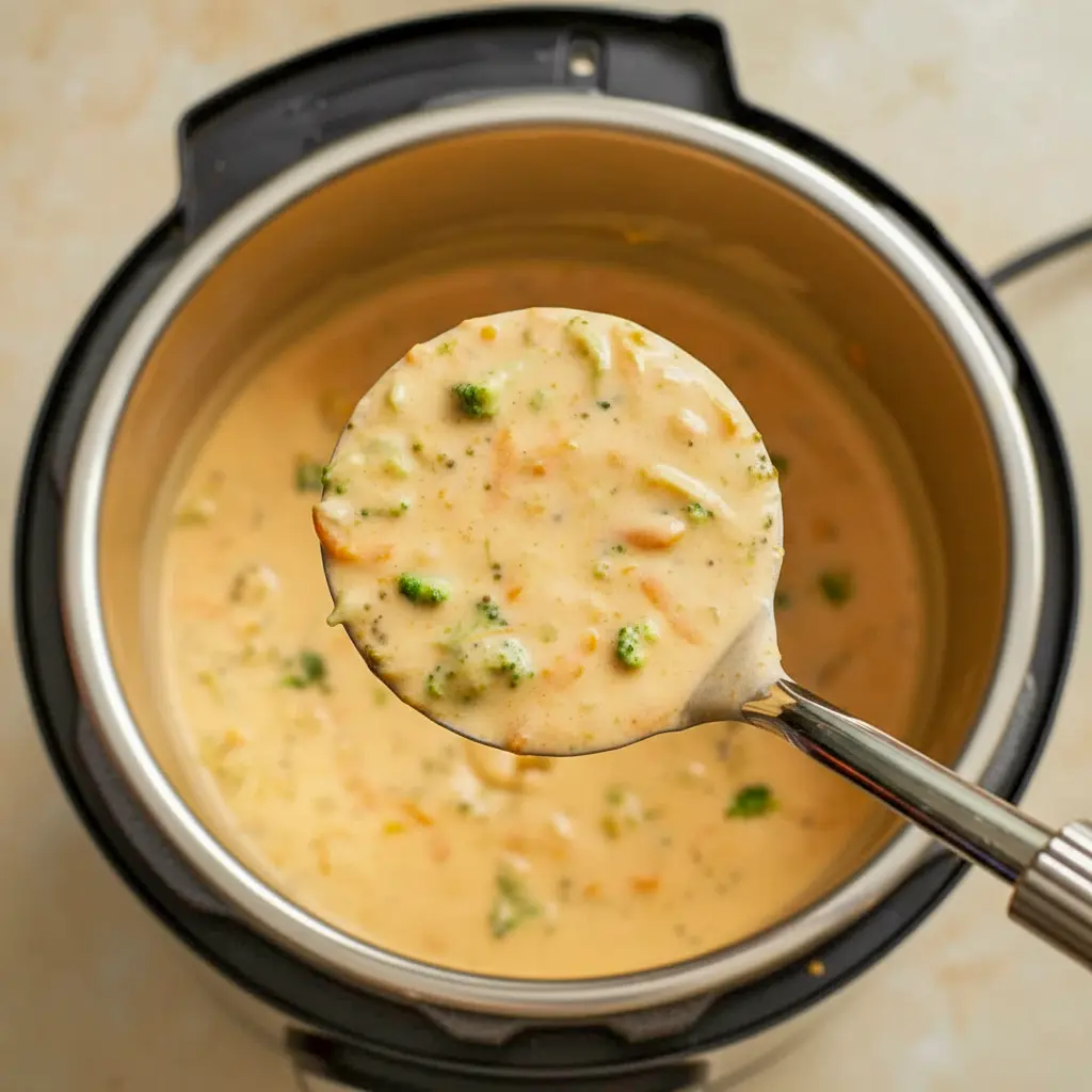 A bowl of Instant Pot Broccoli Cheddar Soup topped with melted cheese, showing a creamy Instant Pot Broccoli Soup with broccoli and carrots.