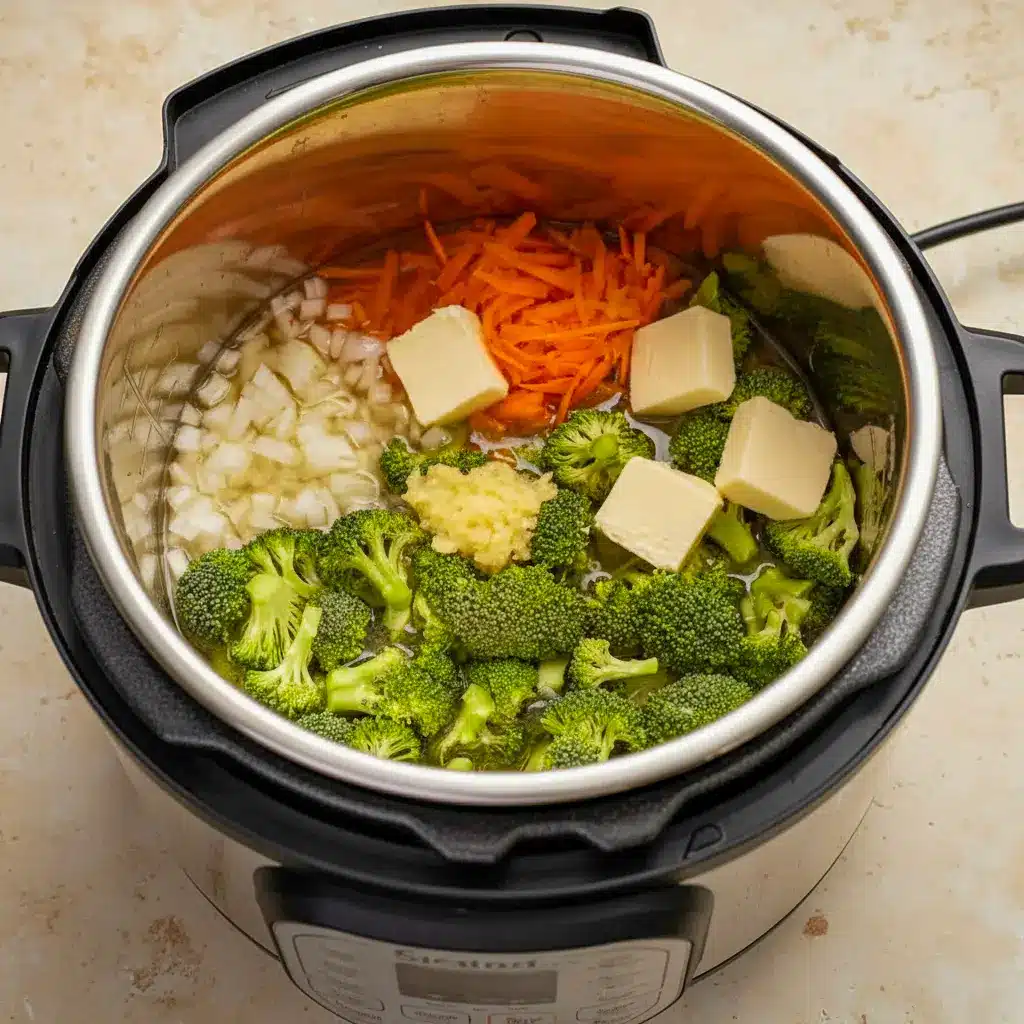 A bowl of Instant Pot Broccoli Cheddar Soup topped with melted cheese, showing a creamy Instant Pot Broccoli Soup with broccoli and carrots.