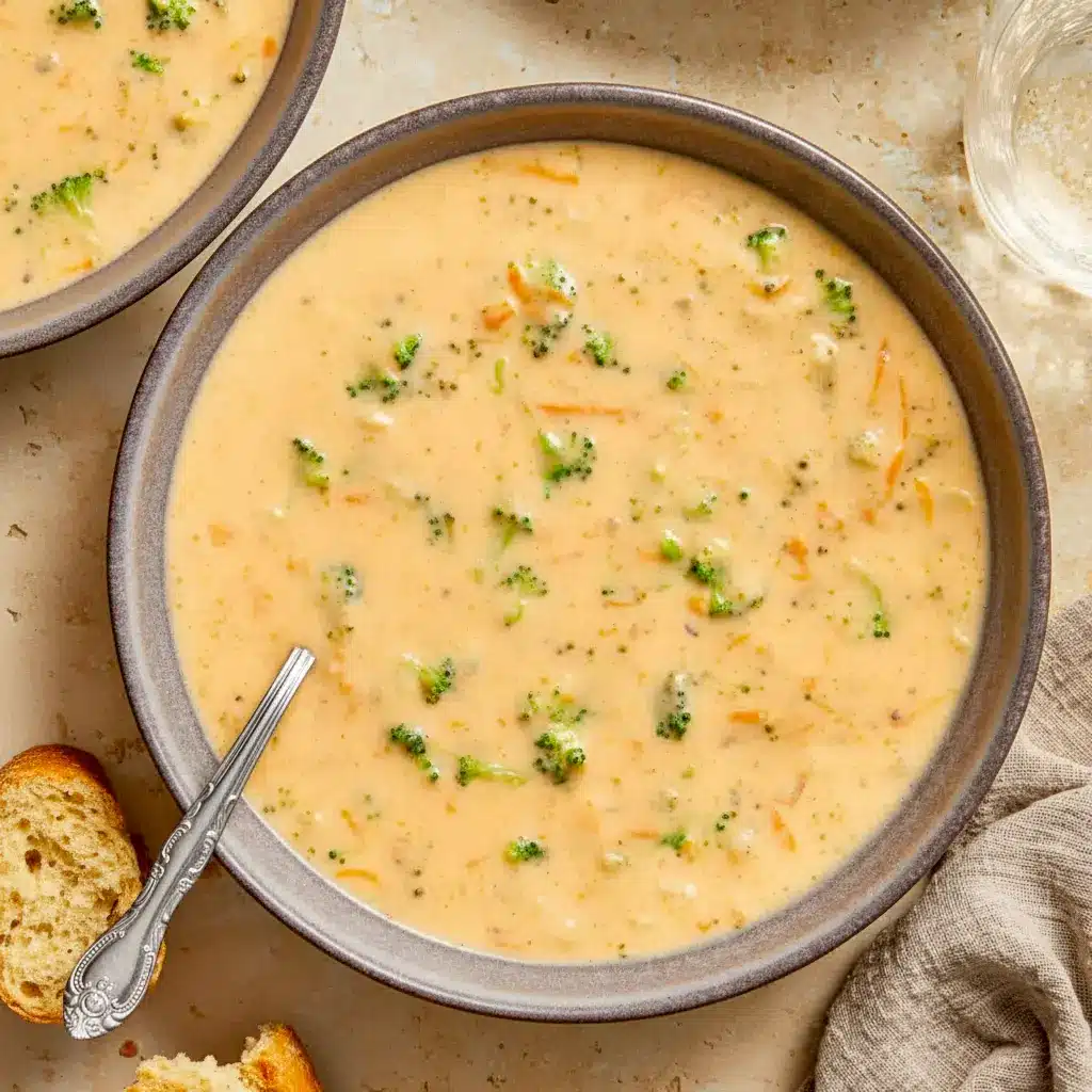A bowl of Instant Pot Broccoli Cheddar Soup topped with melted cheese, showing a creamy Instant Pot Broccoli Soup with broccoli and carrots.
