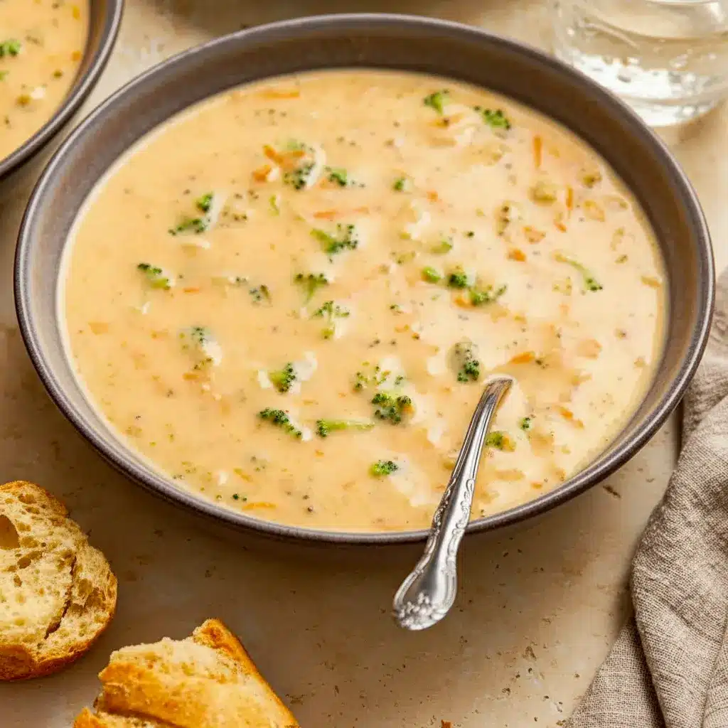 A bowl of Instant Pot Broccoli Cheddar Soup topped with melted cheese, showing a creamy Instant Pot Broccoli Soup with broccoli and carrots.