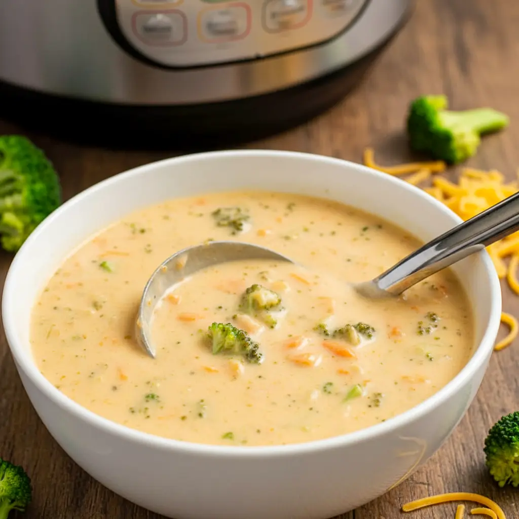 A bowl of Instant Pot Broccoli Cheddar Soup topped with melted cheese, showing a creamy Instant Pot Broccoli Soup with broccoli and carrots.