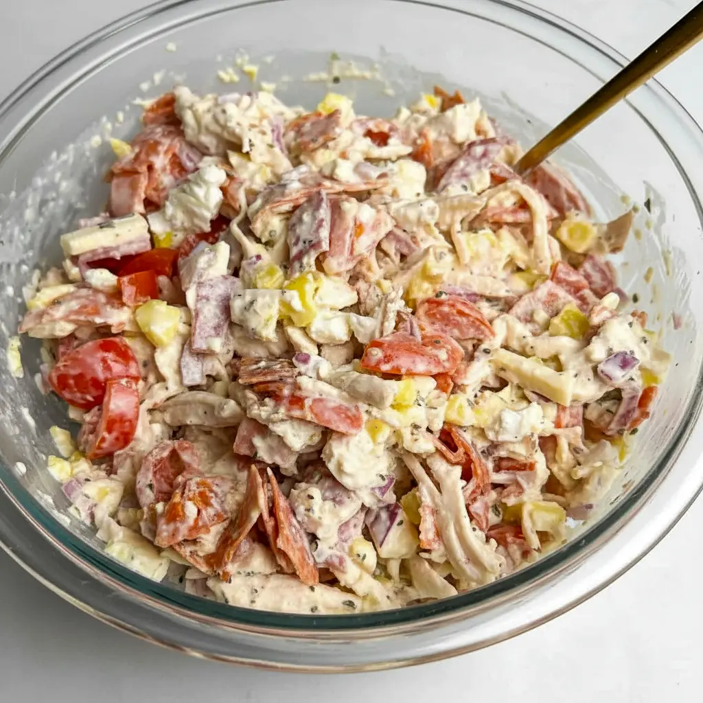Italian Grinder Chicken Salad on a toasted croissant with provolone, banana peppers, cherry tomatoes, and a sprinkle of parmesan.