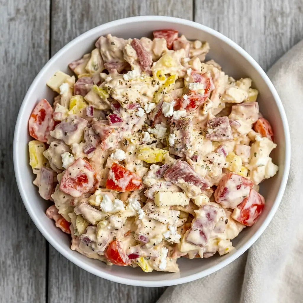 Italian Grinder Chicken Salad on a toasted croissant with provolone, banana peppers, cherry tomatoes, and a sprinkle of parmesan.