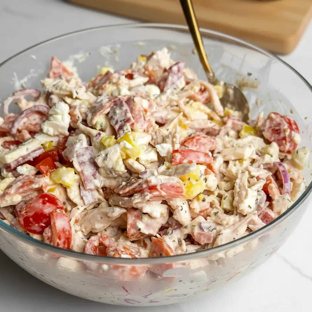 Italian Grinder Chicken Salad on a toasted croissant with provolone, banana peppers, cherry tomatoes, and a sprinkle of parmesan.
