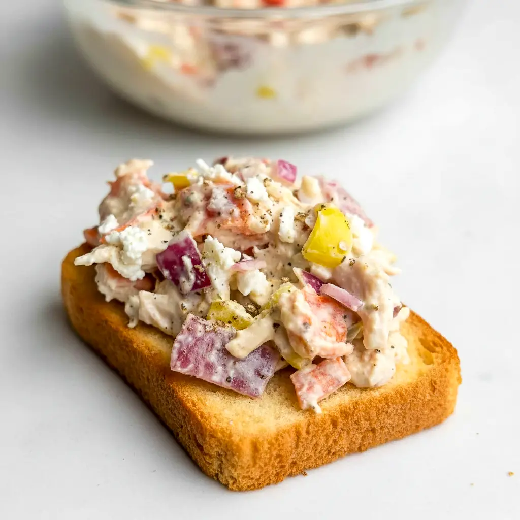 Italian Grinder Chicken Salad on a toasted croissant with provolone, banana peppers, cherry tomatoes, and a sprinkle of parmesan.