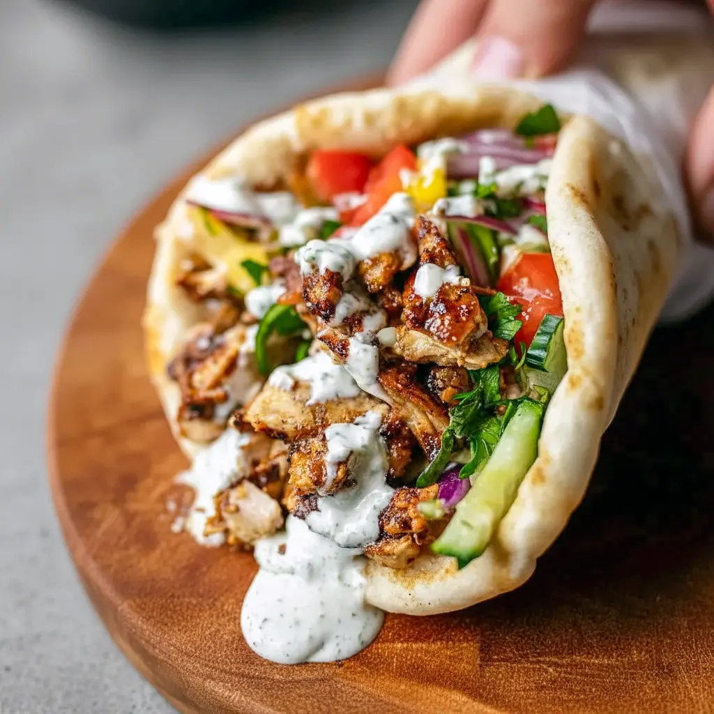 Plate of Chicken Shawarma with Garlic Sauce in warm pita with garlic mayo, fresh herbs, and pickles — a tasty Yummy Weeknight Dinners idea.