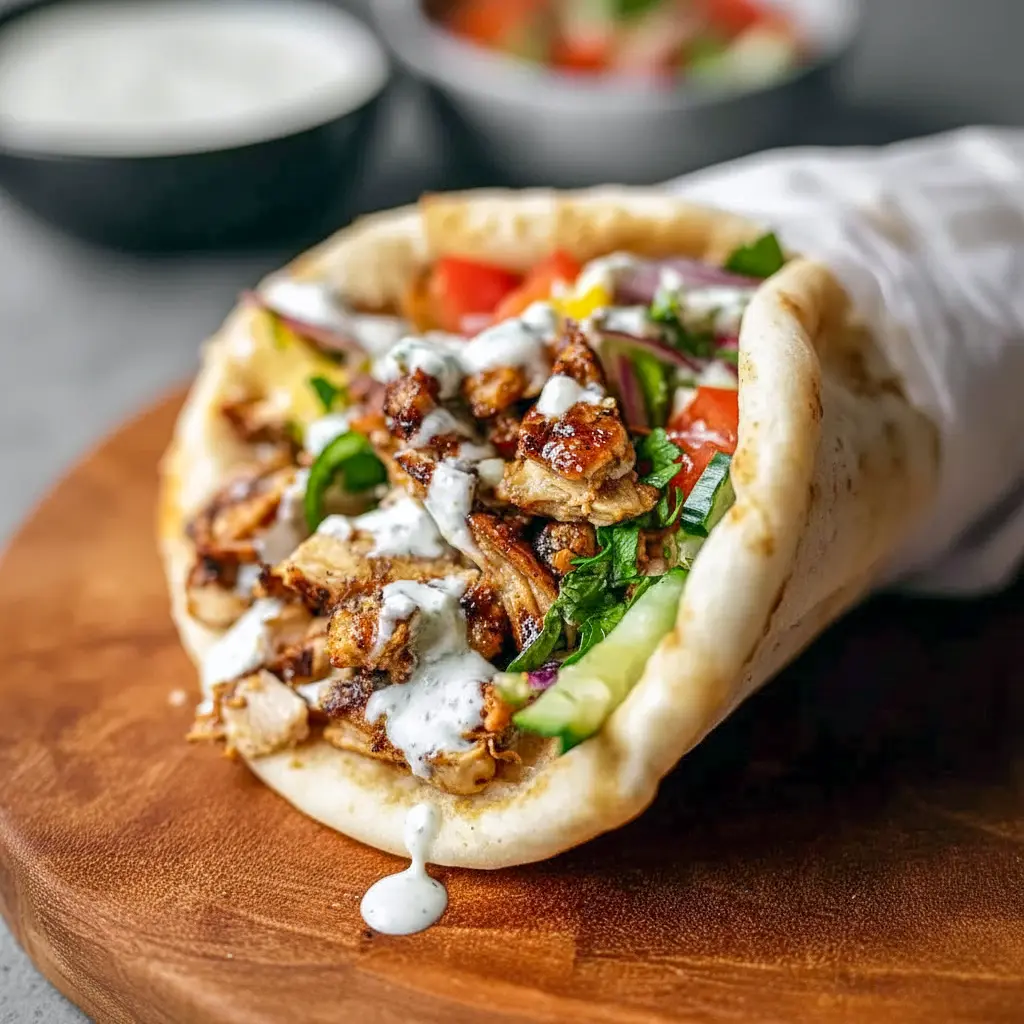Plate of Chicken Shawarma with Garlic Sauce in warm pita with garlic mayo, fresh herbs, and pickles — a tasty Yummy Weeknight Dinners idea.