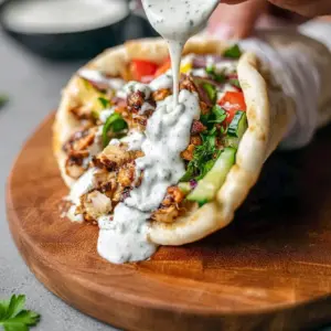 Plate of Chicken Shawarma with Garlic Sauce in warm pita with garlic mayo, fresh herbs, and pickles — a tasty Yummy Weeknight Dinners idea.