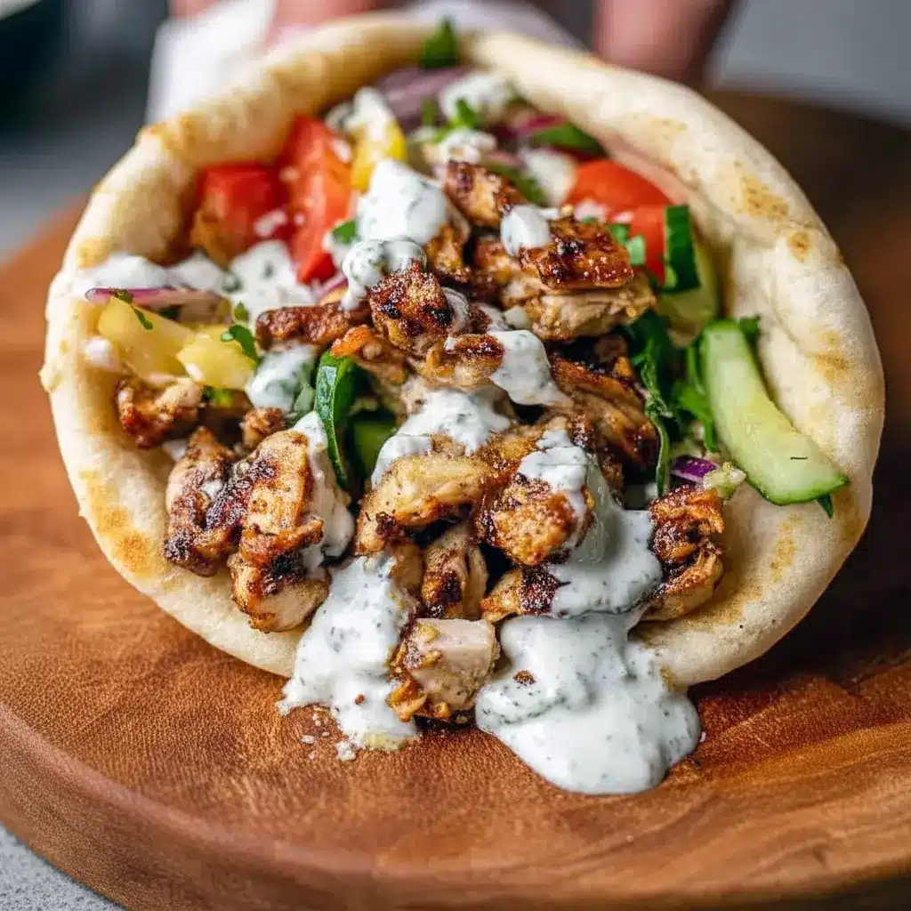 Plate of Chicken Shawarma with Garlic Sauce in warm pita with garlic mayo, fresh herbs, and pickles — a tasty Yummy Weeknight Dinners idea.