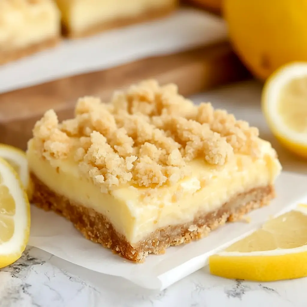 A square of Lemon Crumb Bars with a golden oat topping and creamy lemon filling, styled as one of the best Summer Bakery Treats.