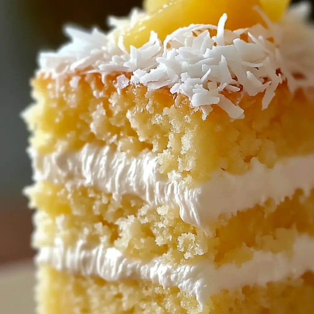 Overhead slice of Pineapple Coconut Dream Cake on a plate — golden, moist cake layered with coconut cream and pineapple, garnished with toasted coconut.