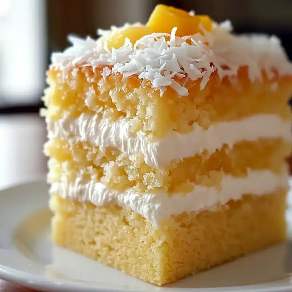 Overhead slice of Pineapple Coconut Dream Cake on a plate — golden, moist cake layered with coconut cream and pineapple, garnished with toasted coconut.