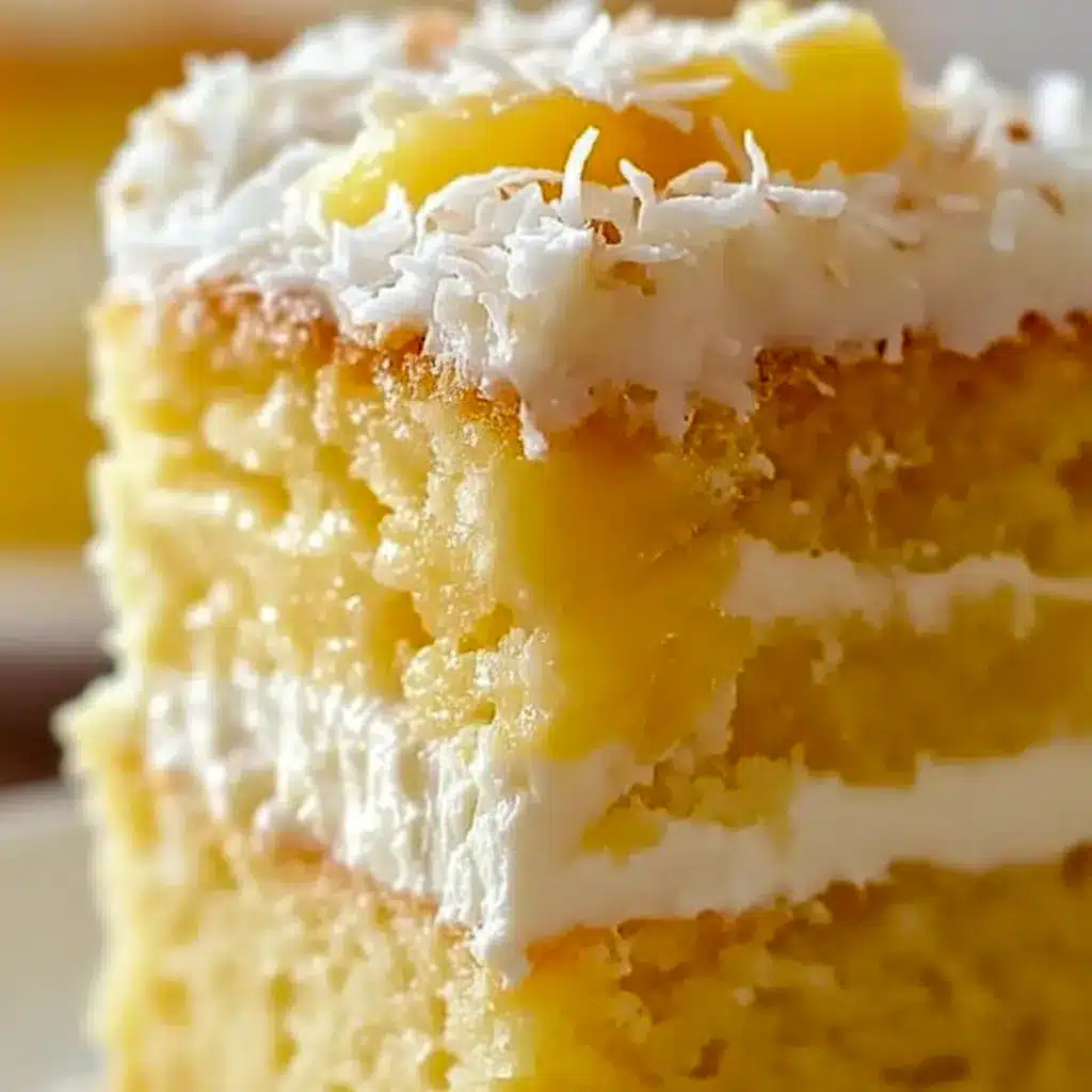 Overhead slice of Pineapple Coconut Dream Cake on a plate — golden, moist cake layered with coconut cream and pineapple, garnished with toasted coconut.