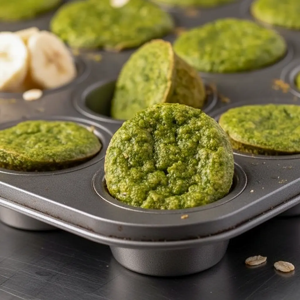 Blender Muffins made with spinach, banana, and oats, shown as mini green muffins on a breakfast plate for kids.