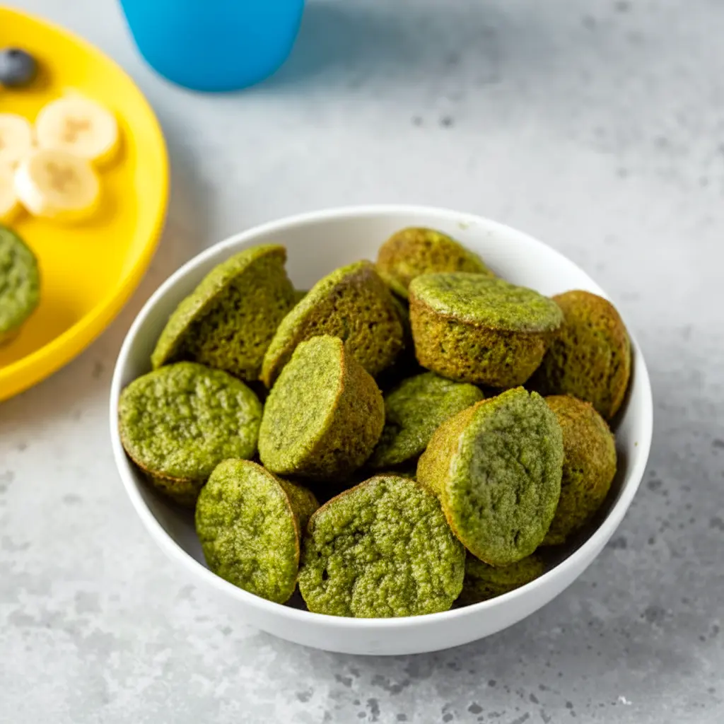 Blender Muffins made with spinach, banana, and oats, shown as mini green muffins on a breakfast plate for kids.