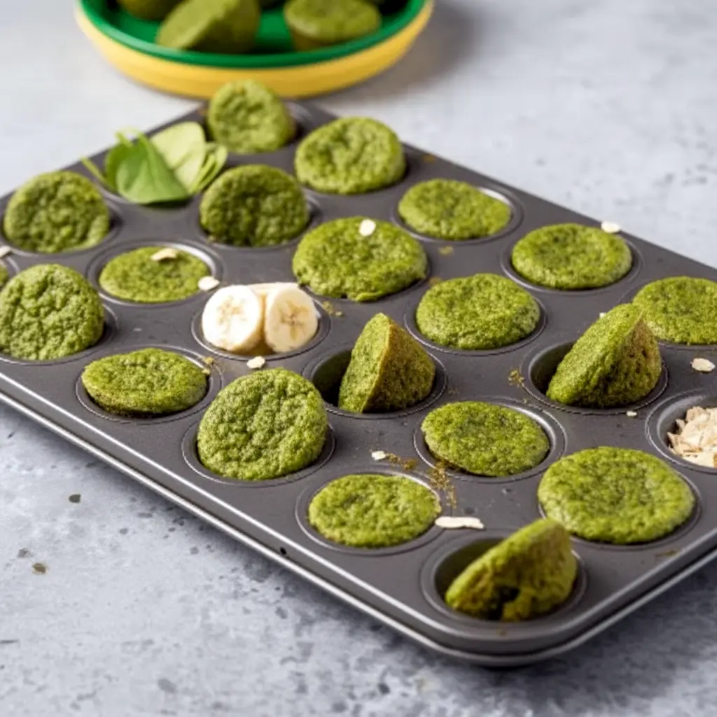Blender Muffins made with spinach, banana, and oats, shown as mini green muffins on a breakfast plate for kids.