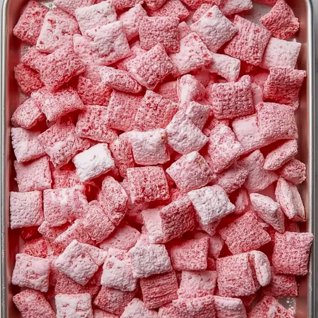 Bowl of Strawberry Shortcake Puppy Chow: white-chocolate coated cereal dusted with powdered sugar and crushed freeze-dried strawberries, a colorful Snack Mix for parties.