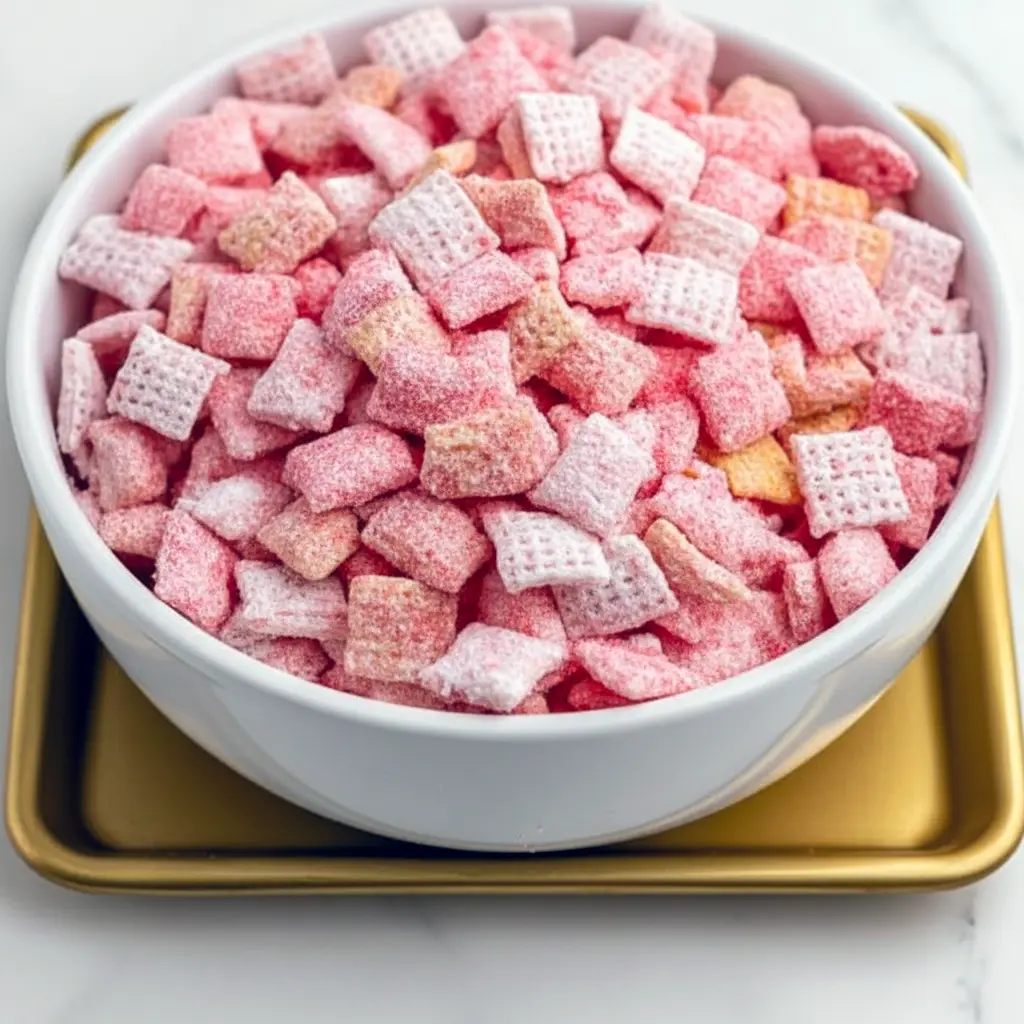 Bowl of Strawberry Shortcake Puppy Chow: white-chocolate coated cereal dusted with powdered sugar and crushed freeze-dried strawberries, a colorful Snack Mix for parties.