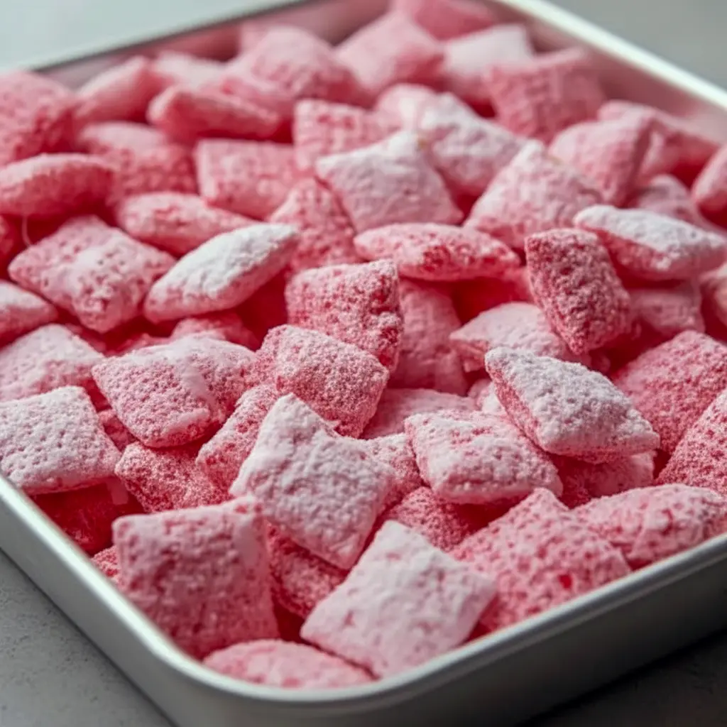 Bowl of Strawberry Shortcake Puppy Chow: white-chocolate coated cereal dusted with powdered sugar and crushed freeze-dried strawberries, a colorful Snack Mix for parties.