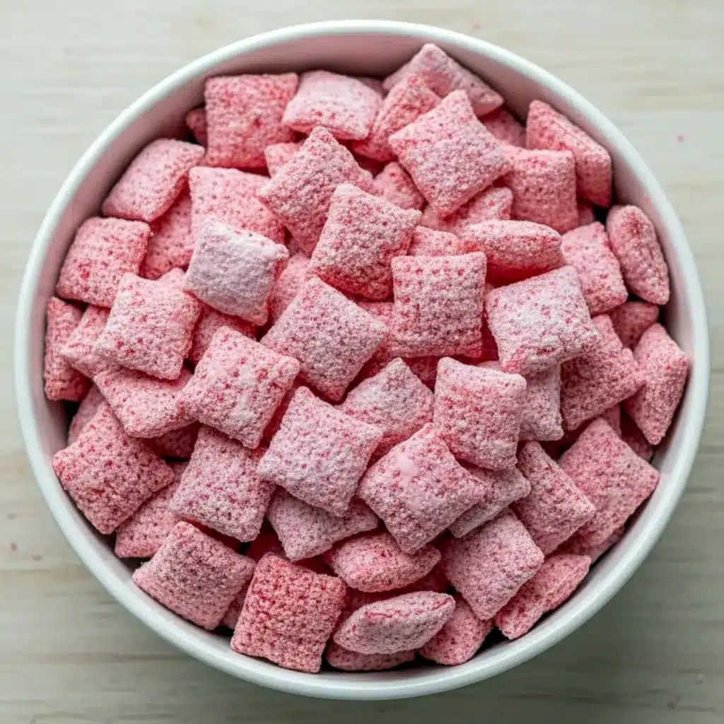 Bowl of Strawberry Shortcake Puppy Chow: white-chocolate coated cereal dusted with powdered sugar and crushed freeze-dried strawberries, a colorful Snack Mix for parties.