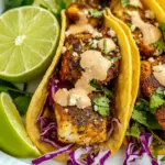 Close-up of Blackened Fish Tacos on corn tortillas topped with shredded cabbage, cilantro, cotija, and a drizzle of chipotle-lime crema — an easy Fish Tacos Blackened weeknight plate.