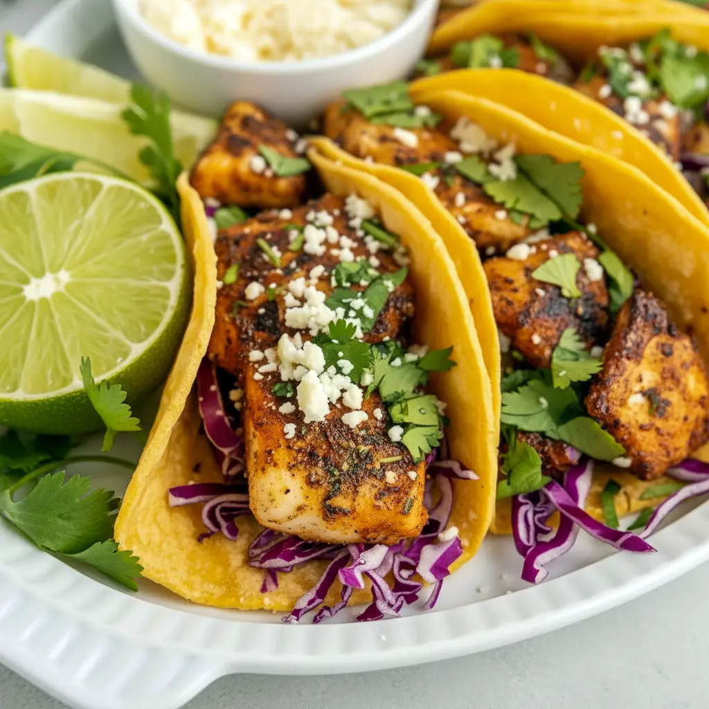 Close-up of Blackened Fish Tacos on corn tortillas topped with shredded cabbage, cilantro, cotija, and a drizzle of chipotle-lime crema — an easy Fish Tacos Blackened weeknight plate.