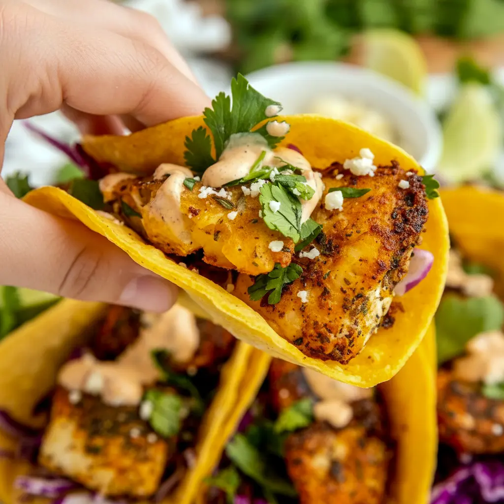 Close-up of Blackened Fish Tacos on corn tortillas topped with shredded cabbage, cilantro, cotija, and a drizzle of chipotle-lime crema — an easy Fish Tacos Blackened weeknight plate.