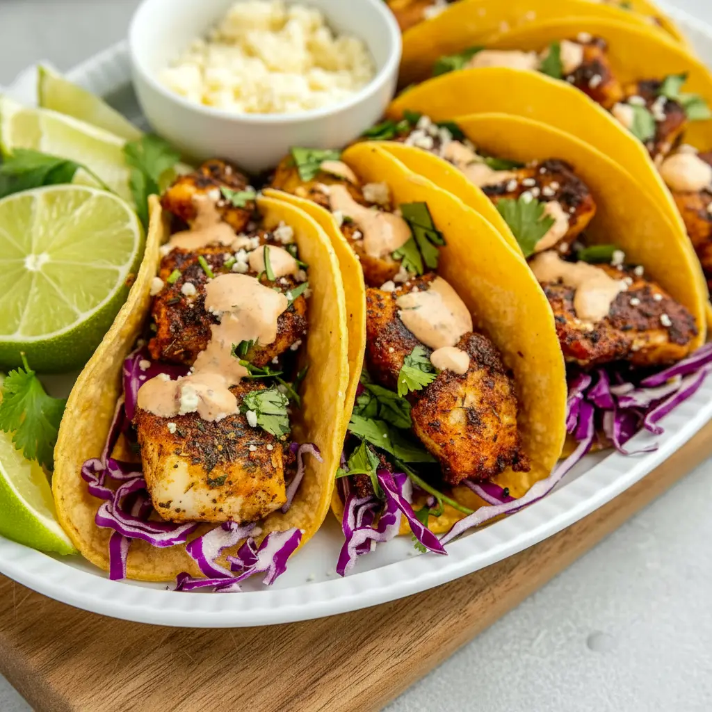 Close-up of Blackened Fish Tacos on corn tortillas topped with shredded cabbage, cilantro, cotija, and a drizzle of chipotle-lime crema — an easy Fish Tacos Blackened weeknight plate.