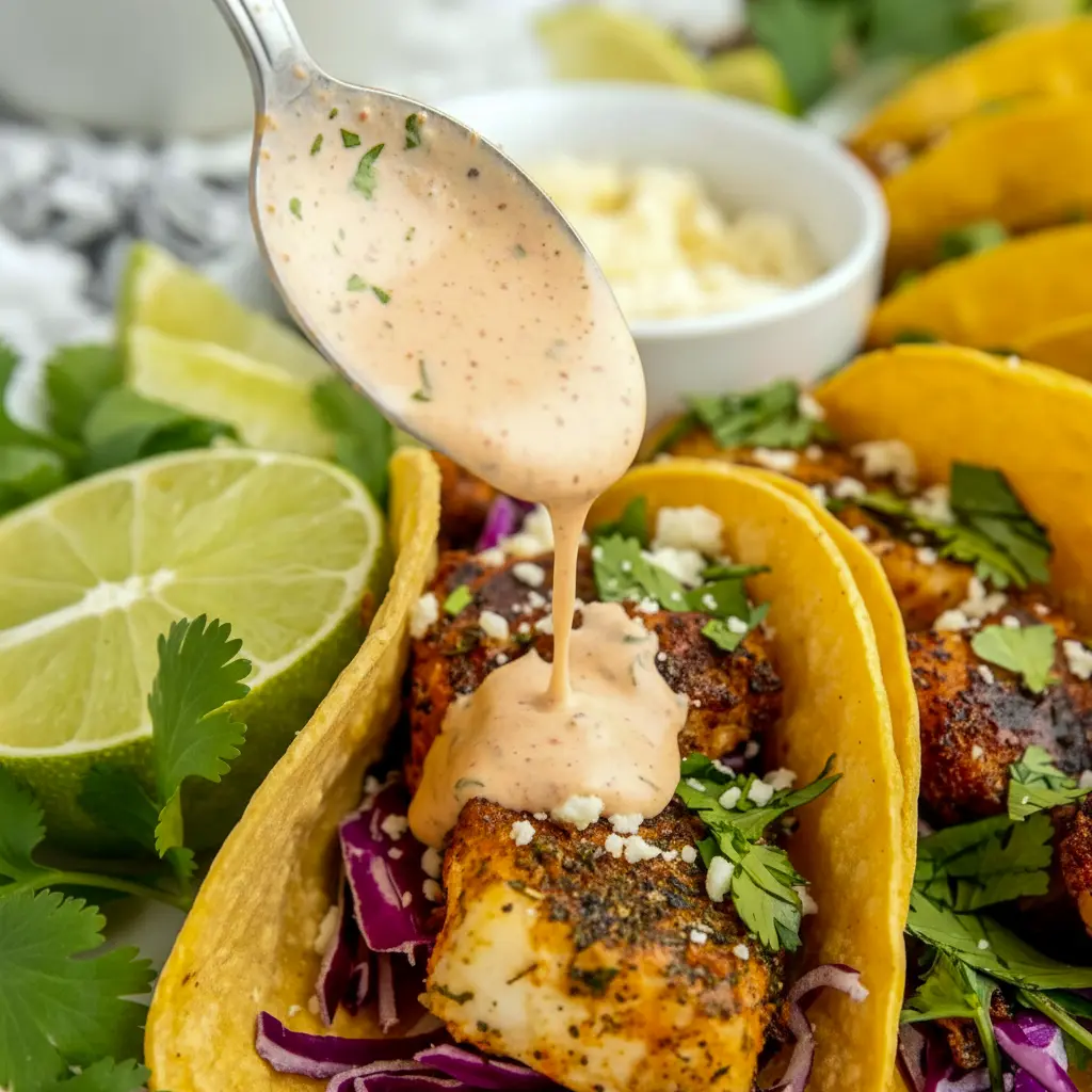 Close-up of Blackened Fish Tacos on corn tortillas topped with shredded cabbage, cilantro, cotija, and a drizzle of chipotle-lime crema — an easy Fish Tacos Blackened weeknight plate.