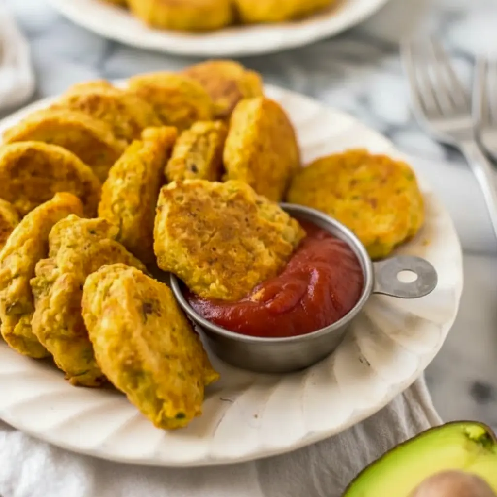 A plate of golden Chickpea Vegetable Nuggets served with dipping sauce, showing a crispy Kids Veggie Nuggets Recipe that looks healthy, simple, and kid-friendly.