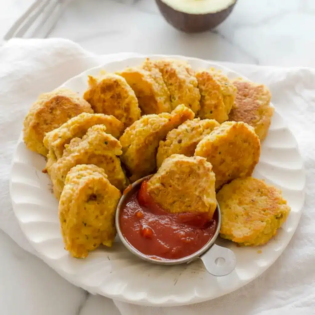 A plate of golden Chickpea Vegetable Nuggets served with dipping sauce, showing a crispy Kids Veggie Nuggets Recipe that looks healthy, simple, and kid-friendly.