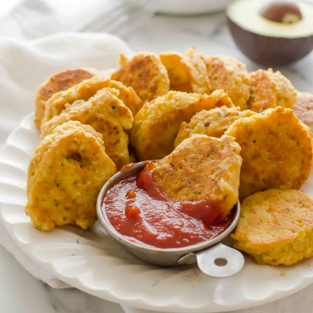 A plate of golden Chickpea Vegetable Nuggets served with dipping sauce, showing a crispy Kids Veggie Nuggets Recipe that looks healthy, simple, and kid-friendly.